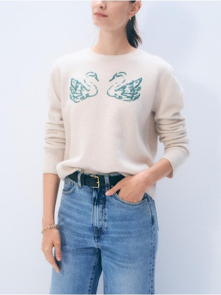 White + Warren - Pull brodé cygne en mélange de cachemire