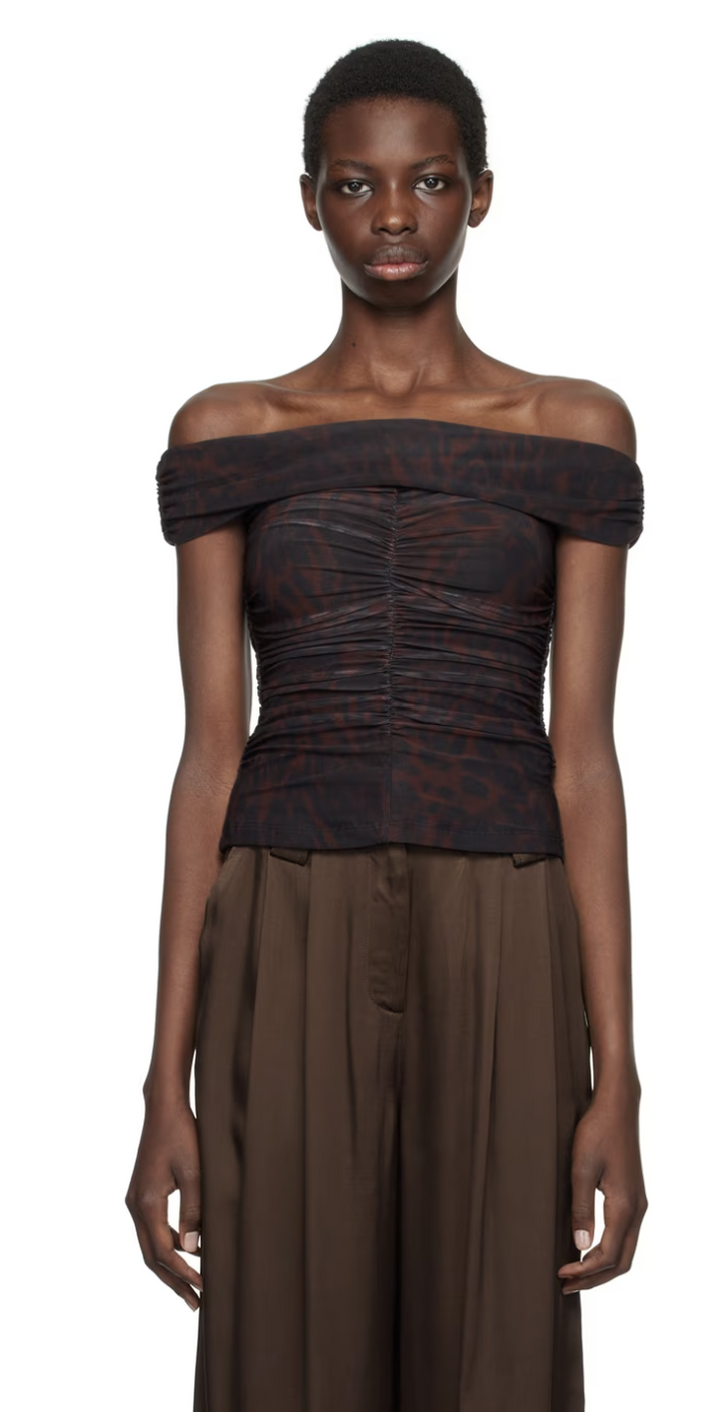 Ganni - Printed Mesh Off-Shoulder Ruched Top