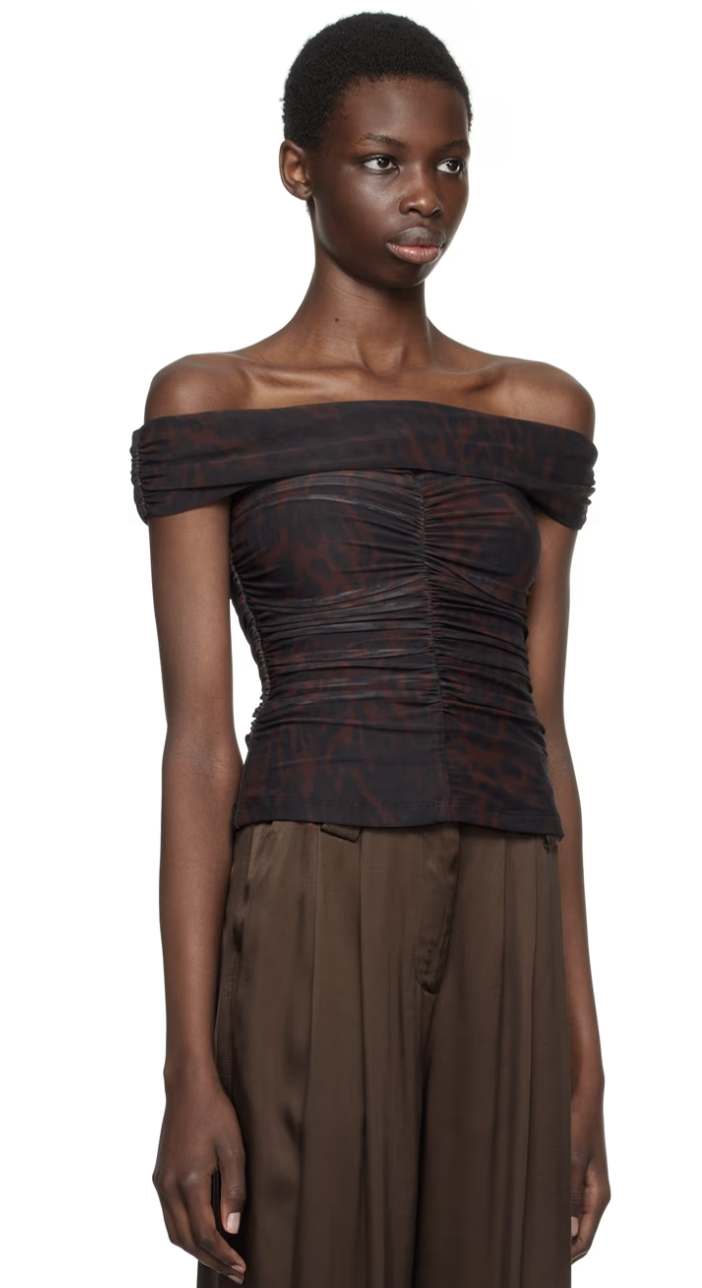 Ganni - Printed Mesh Off-Shoulder Ruched Top