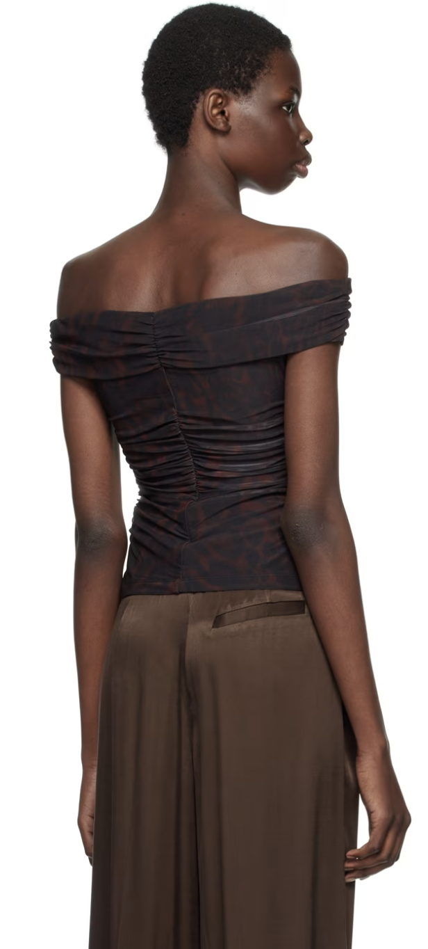 Ganni - Printed Mesh Off-Shoulder Ruched Top