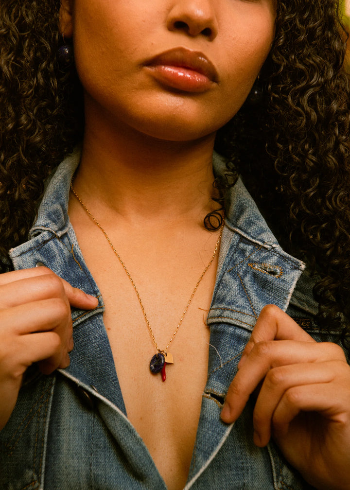 Flora - Collier 18 po chaîne rectangulaire en or rempli avec lapis, corne rouge et cœur