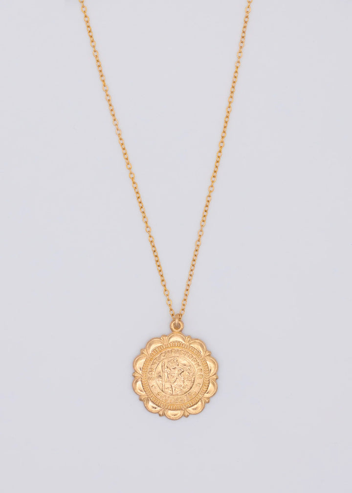 Flora - Collier 20 po en or rempli médaillon Saint-Christophe dentelé