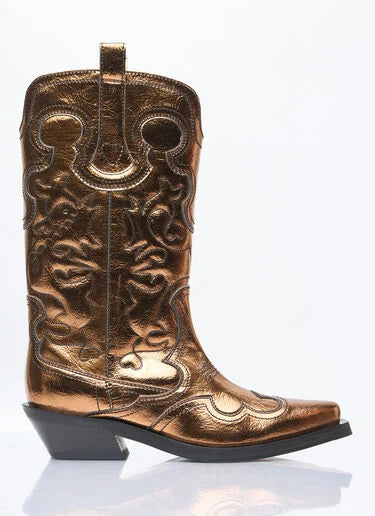 Ganni - Mid Shaft Embroidered Western  Boot Metallic