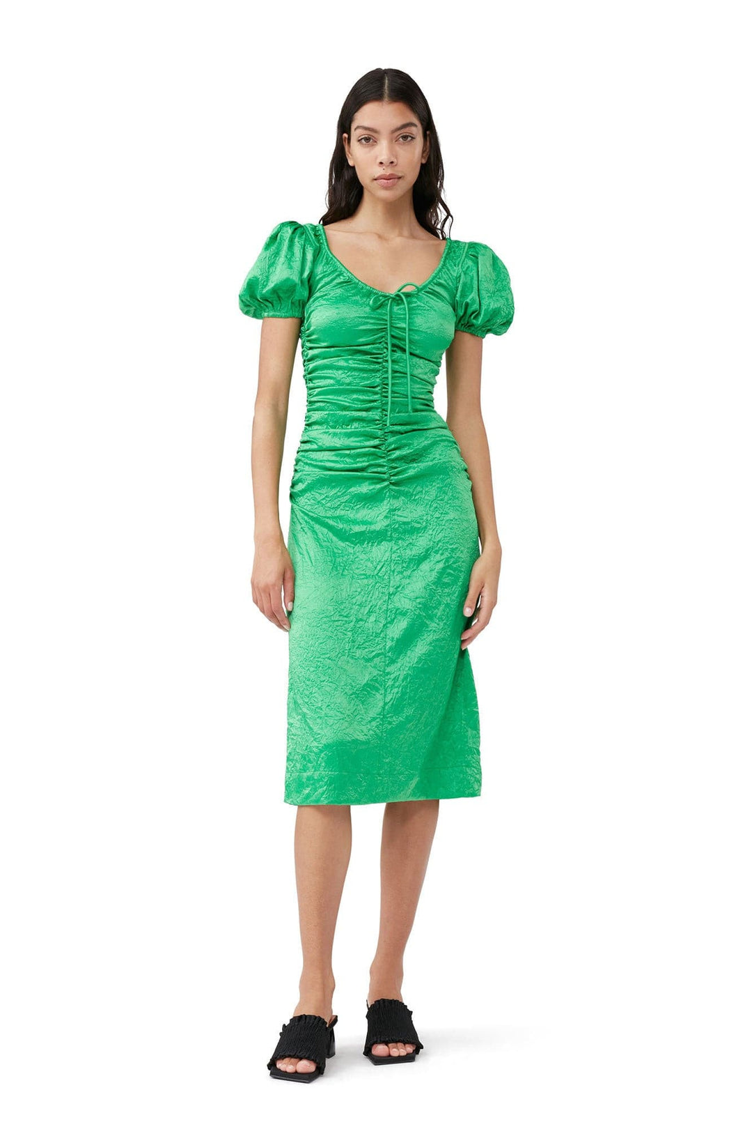 ganni green satin dress Ganni Crinkled Satin Maxi Dress