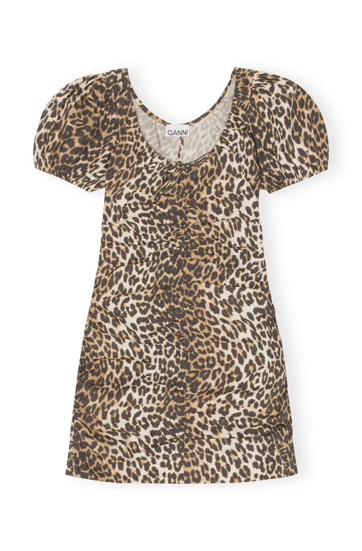 ganni printed cotton gathered u-neck mini dress big leopard almond