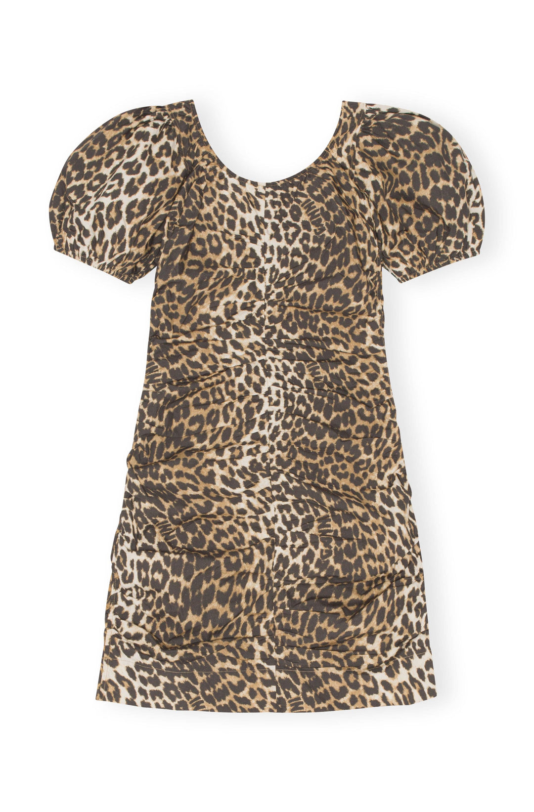 ganni printed cotton gathered u-neck mini dress big leopard almond